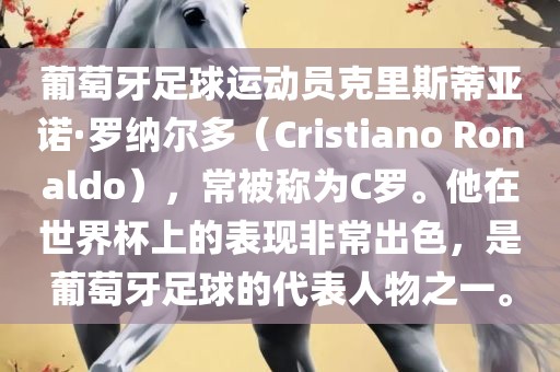 葡萄牙足球运动员克里斯蒂亚诺·罗纳尔多（Cristiano Ronaldo），常被称为C罗。他在世界杯上的表现非常出色，是葡萄牙足球的代表人物之一。
