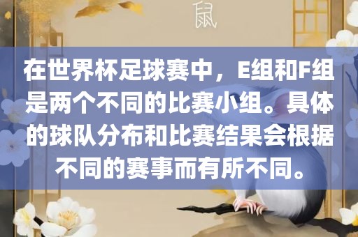 在世界杯足球赛中，E组和F组是两个不同的比赛小组。具体的球队分布和比赛结果会根据不同的赛事而有所不同。