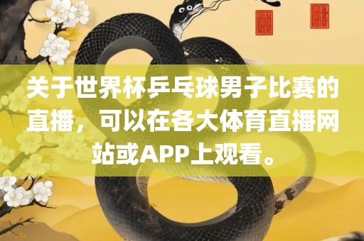 关于世界杯乒乓球男子比赛的直播，可以在各大体育直播网漯河市盈旭机械设备有限公司站或APP上观看。