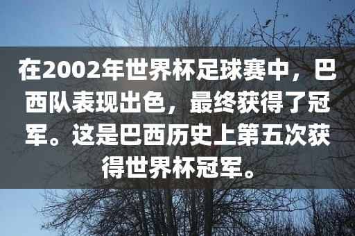 在2002年世界杯足球赛中，巴西队表现出色，最终获得了冠军。这是巴西历史上第五次获得世界杯冠军。