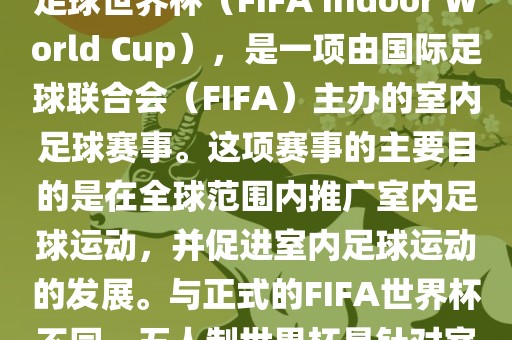 五人制世界杯，也被称为室内足球世界杯（FIFA Indoor World Cup），是一项由国际足球联合会（FIFA）主办的室内足球赛事。这项赛事的主要目的是在全球范围内推广室内足球运动，并促进室内足球运动的发展。与正式的FIFA世界杯不同，五人制世界杯是针对室内足球的比赛。