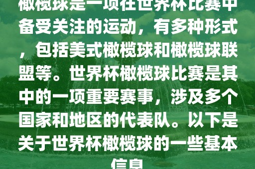橄榄球是一项在世界杯比赛中备受关注的运动，有多种形式，包括美式橄榄球和橄榄球联盟等。世界杯橄榄球比赛是其中的一项重要赛事，涉及多个国家和地区的代表队。以下是关于世界杯橄榄球的一些基本信息