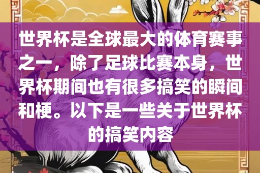 世界杯是全球最大的体育赛事之一，除了足球比赛本身，世界杯期间也有很多搞笑的瞬间和梗。以下是一些关于世界杯的搞笑内容